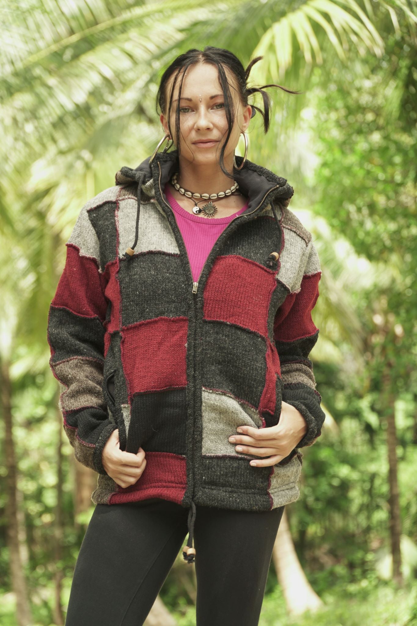 Wool Jacket - Patchwork - Grey/Maroon