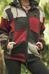 Wool Jacket - Patchwork - Grey/Maroon
