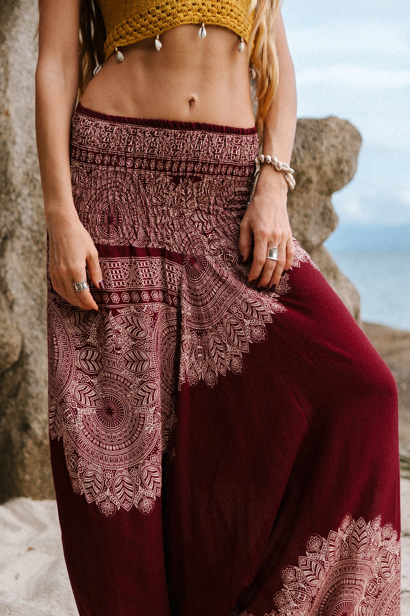 Harem Pants - Plain Mandala Print - Wine Red