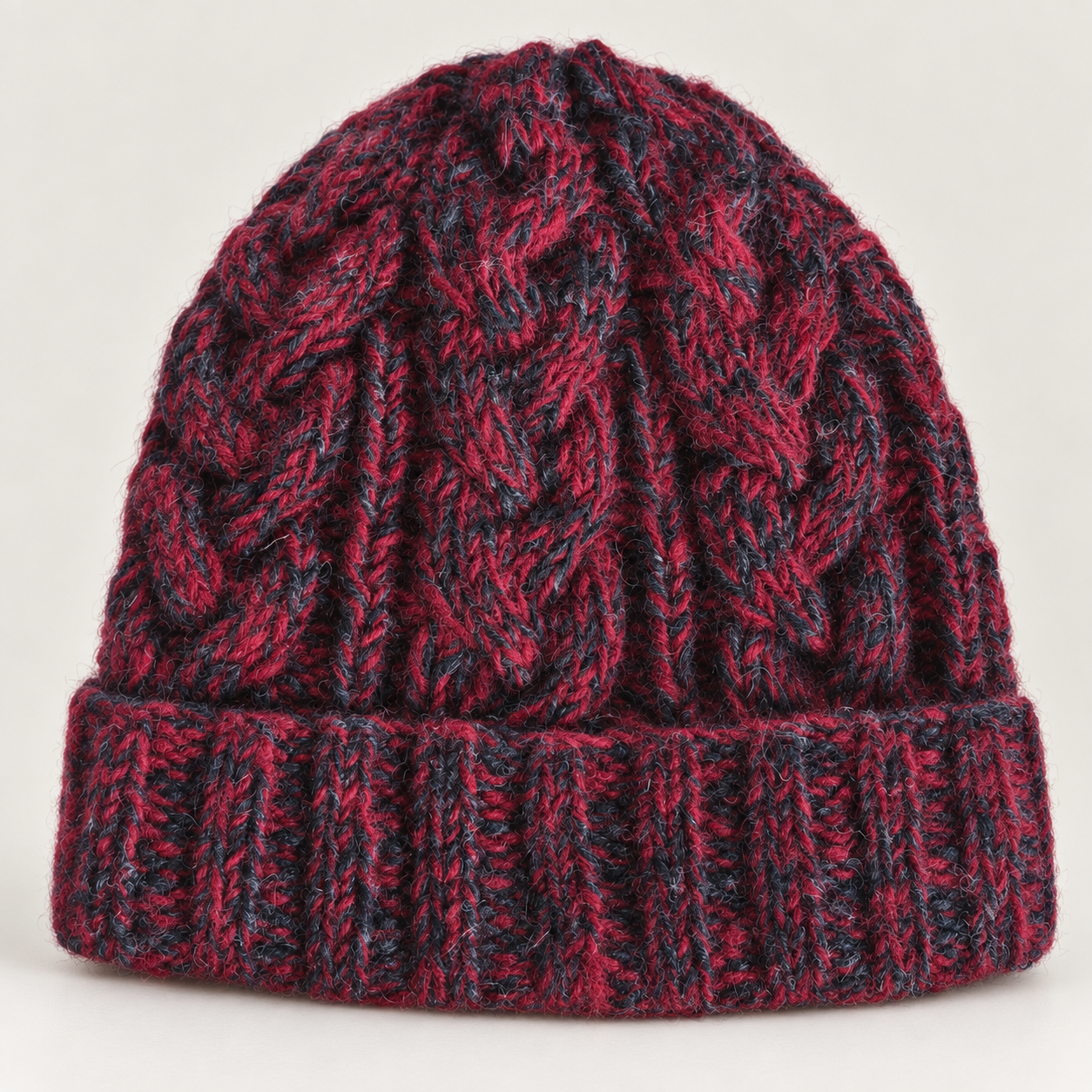 Maroon & Charcoal Cableknit Wool Hat - Fleece Lined