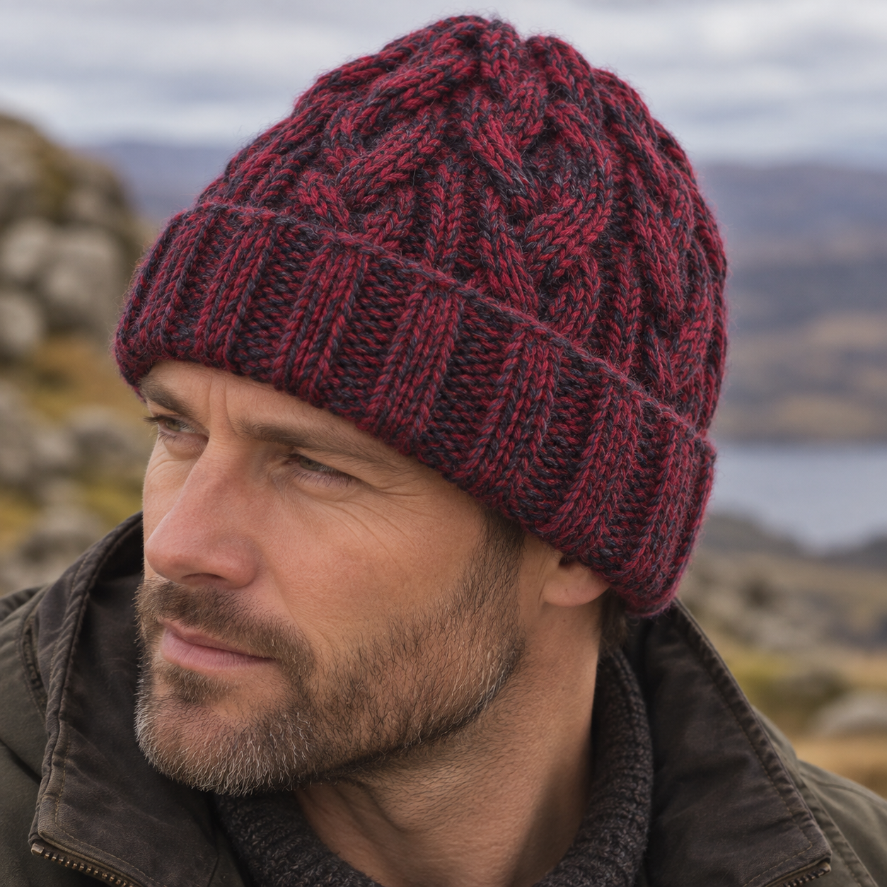 Maroon & Charcoal Cableknit Wool Hat - Fleece Lined