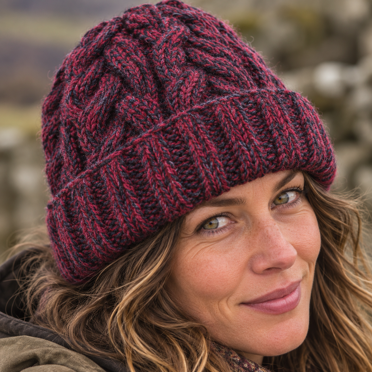 Maroon & Charcoal Cableknit Wool Hat - Fleece Lined