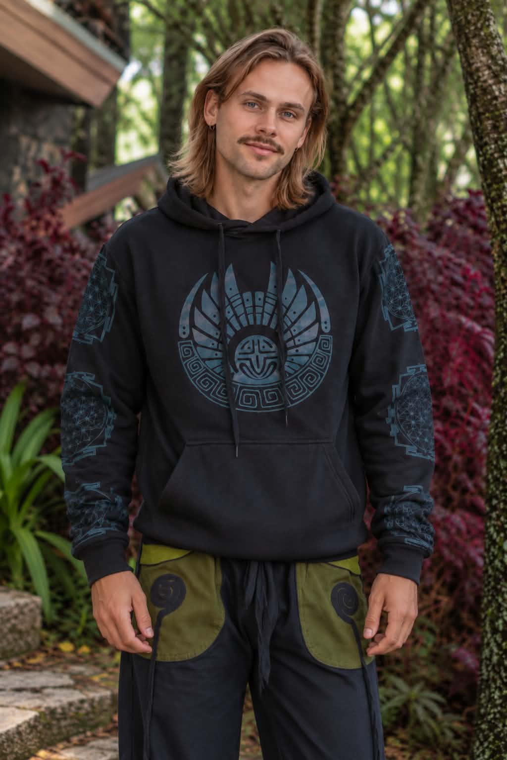 Front view of men’s warm black fleece-lined hoodie with blue tribal geometric design on chest and sleeves