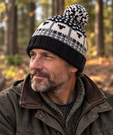 Grey, Cream & Black Sheep Wool Hat with Pom Pom - Fleece Lined