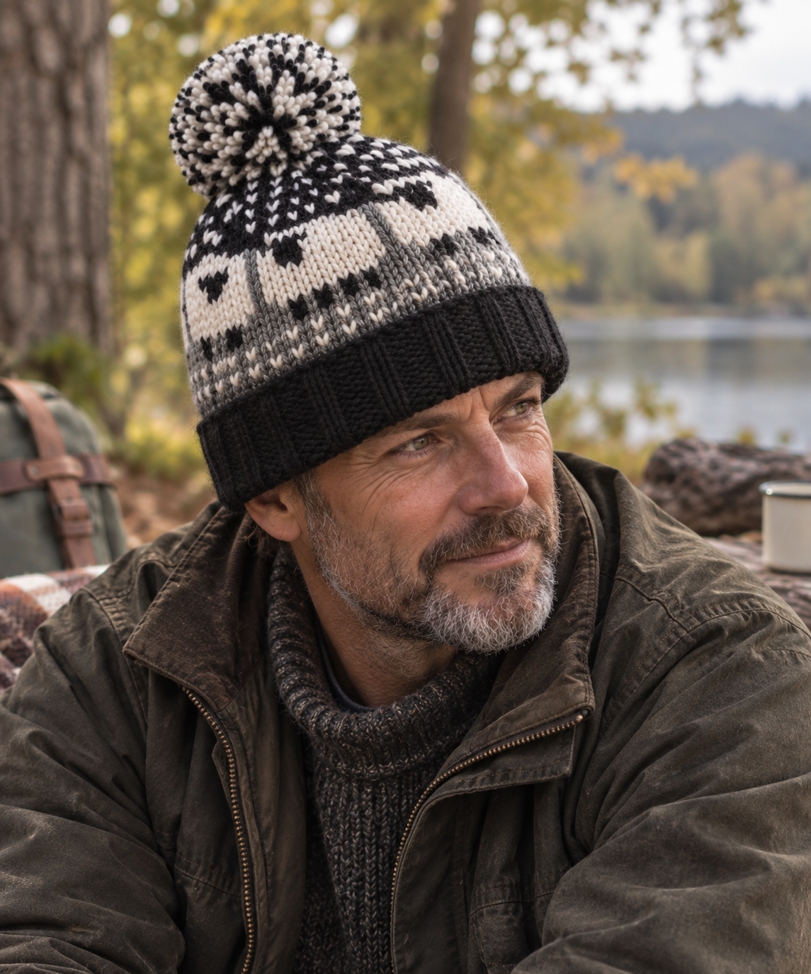 Grey, Cream & Black Sheep Wool Hat with Pom Pom - Fleece Lined