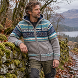 Men’s brown wool jacket with navy and sea green knitted pattern, fleece lining and detachable hood