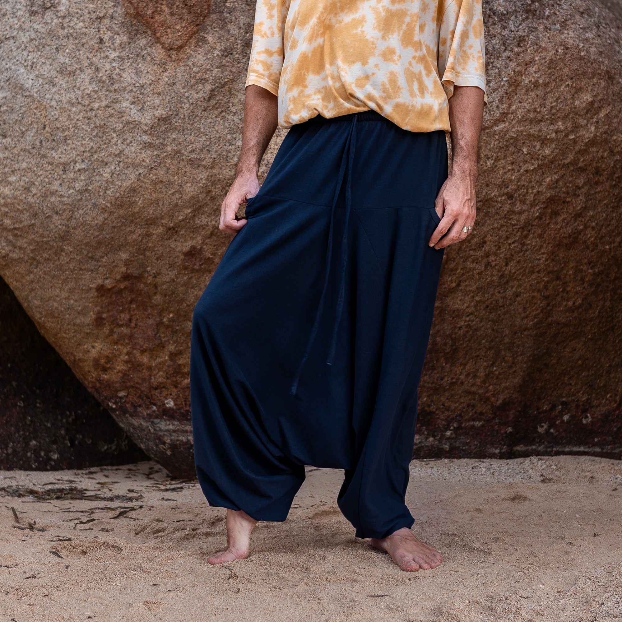 Men’s Cotton Harem Pants – Solid Navy Blue | Boho Yoga Festival Trousers