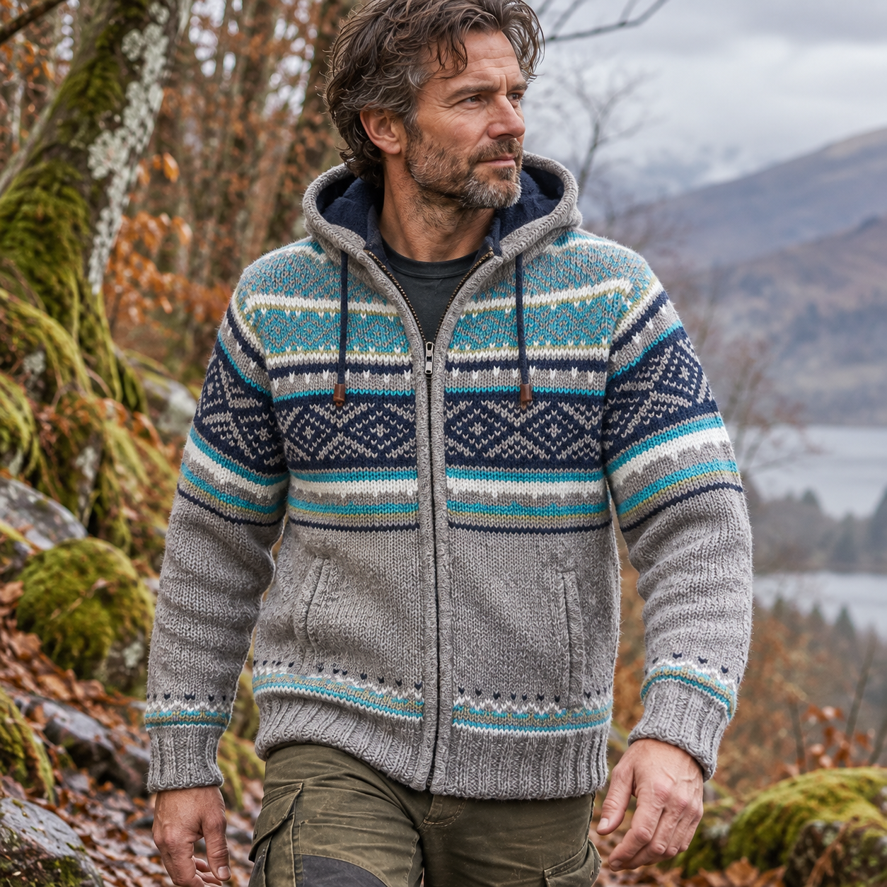 Close view of men’s fleece lined wool jacket in brown with navy and sea green detailing