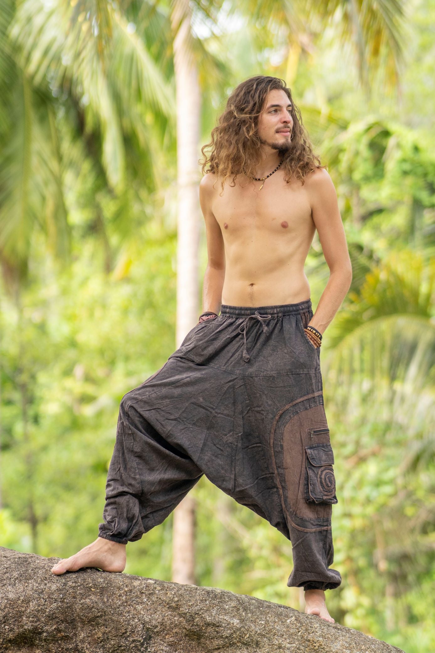 Harem Pants - Stonewashed Swirl Pocket - Brown
