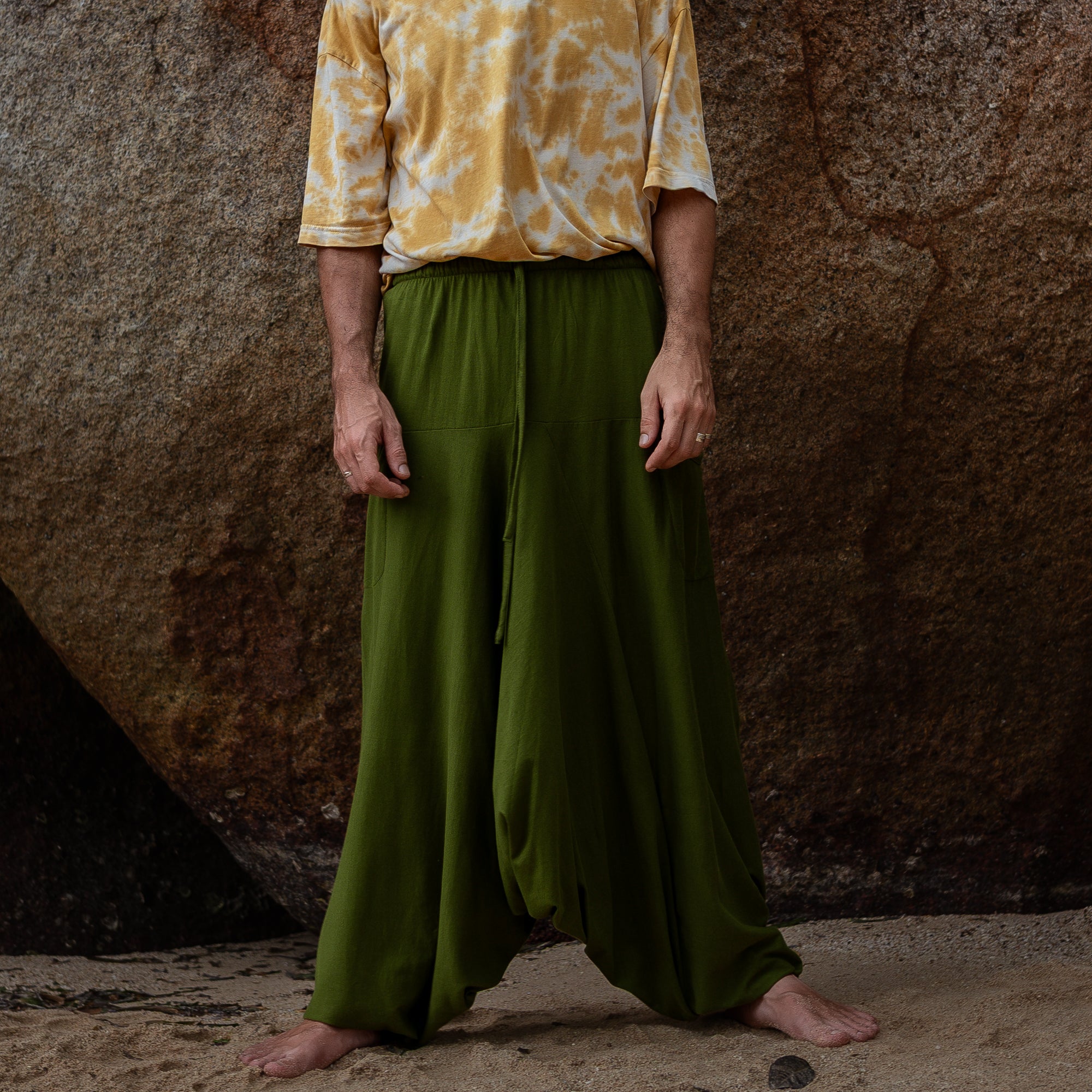 Men’s Cotton Harem Pants – Solid Green | Boho Yoga Festival Trousers