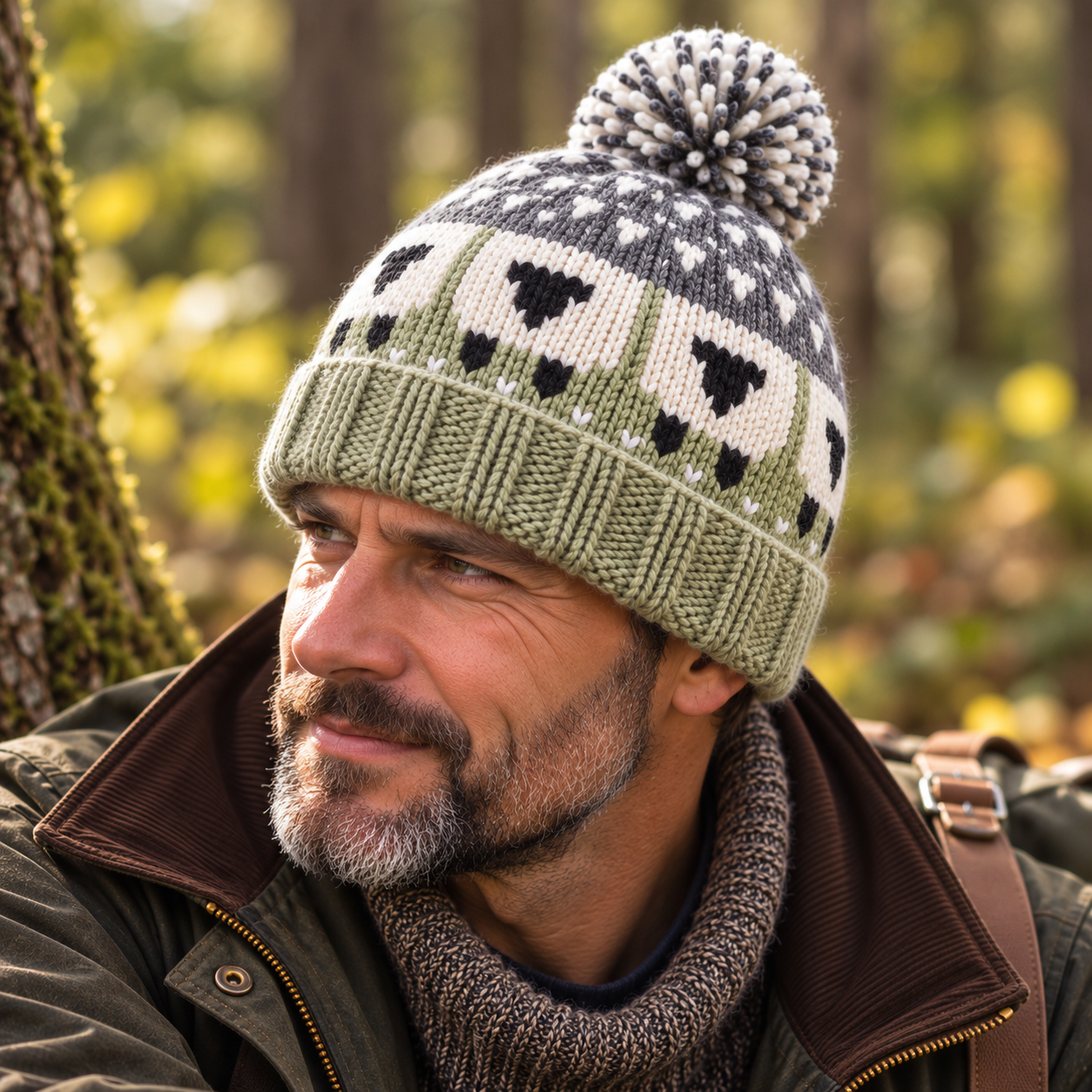 Sage Green Sheep Wool Hat with Pom Pom - Fleece Lined