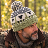 Sage Green Sheep Wool Hat with Pom Pom - Fleece Lined
