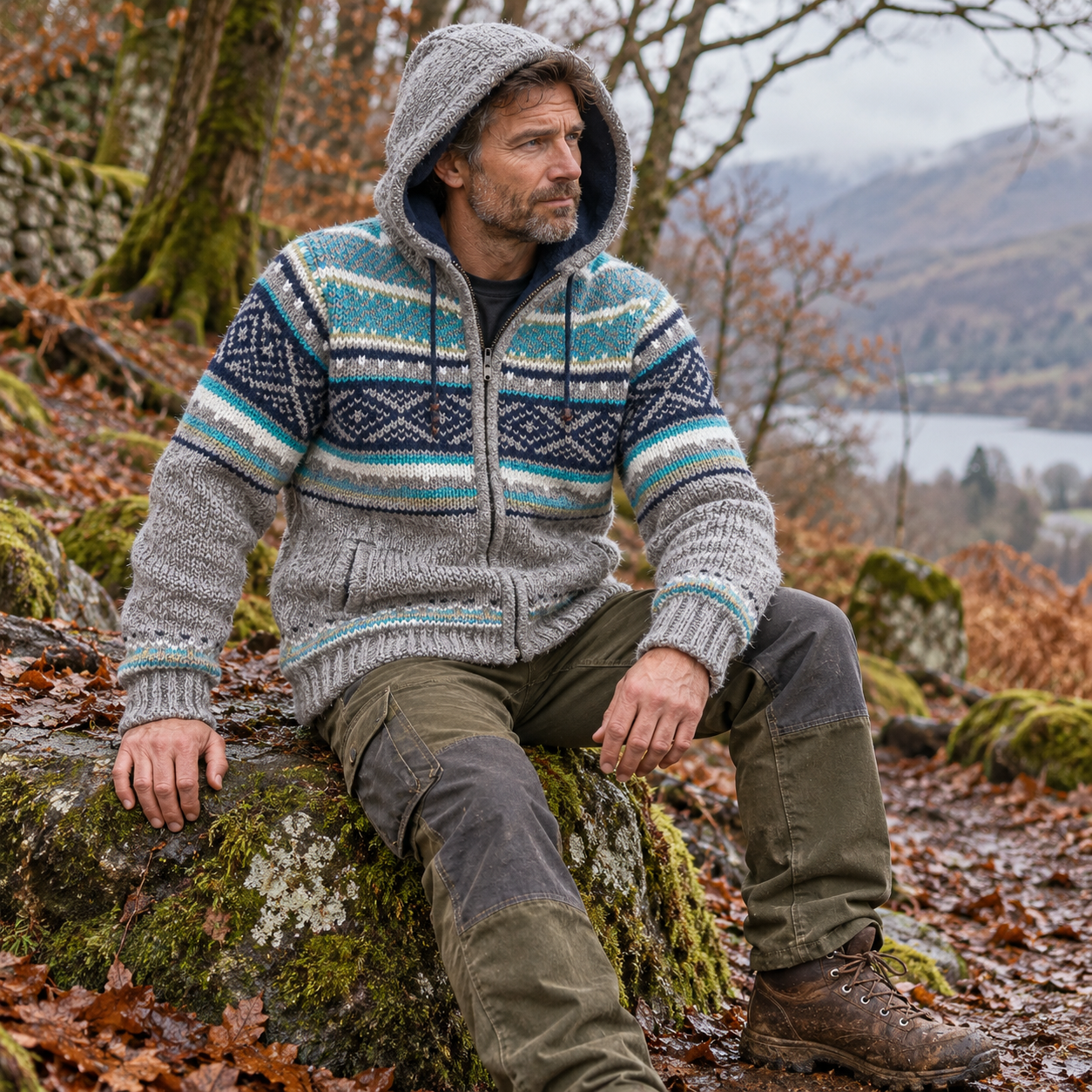 Man wearing a brown fleece lined wool jacket with hood, navy and sea green knitted detailing