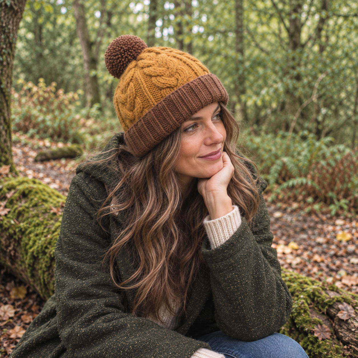 Handmande Mustard and brown cable-knit wool hat with brown turn-up brim and pom pom worn outdoors in Autumn
