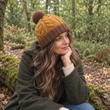 Handmande Mustard and brown cable-knit wool hat with brown turn-up brim and pom pom worn outdoors in Autumn