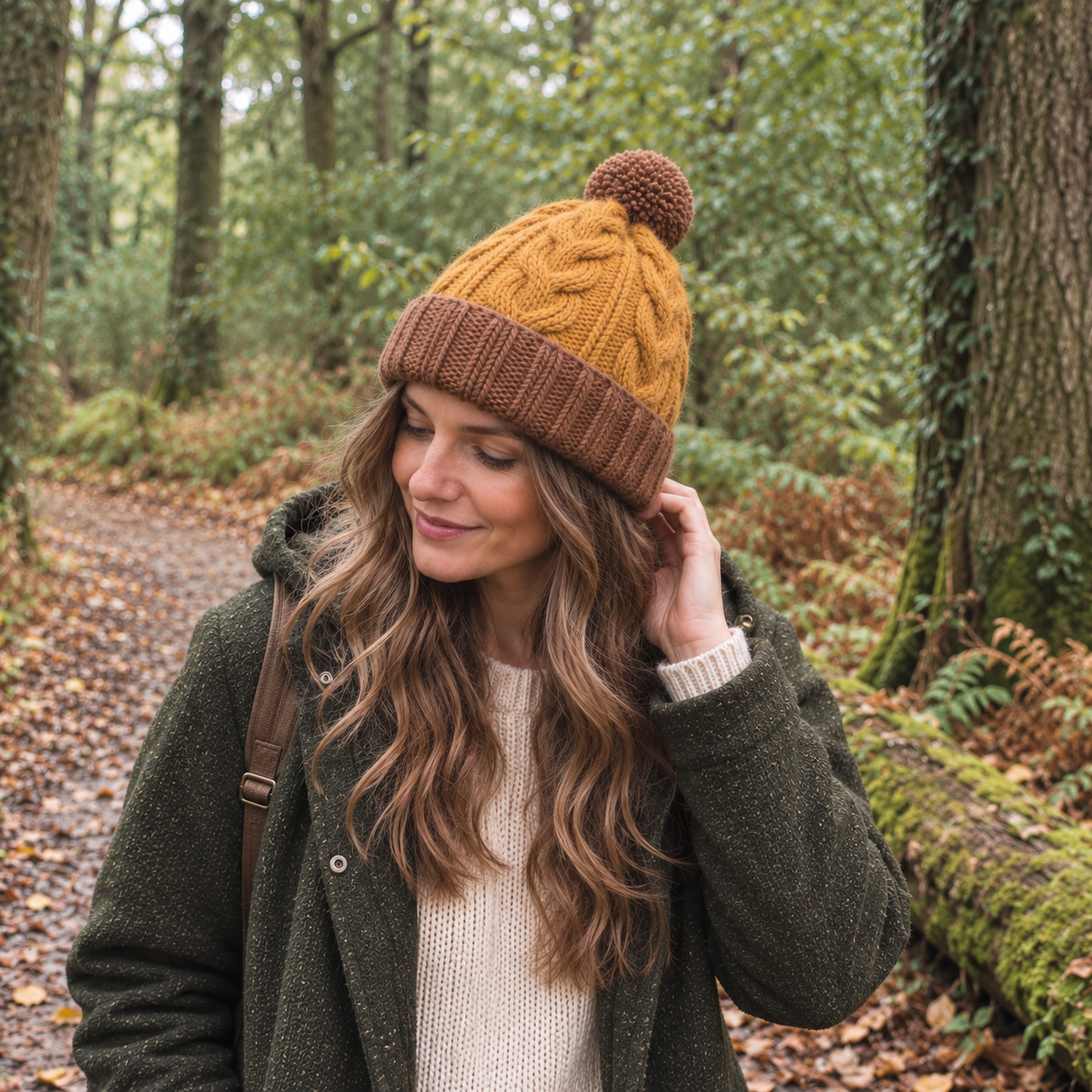 Woman wearing a chunky knit wool hat in mustard yellow/orange with a brown upturned rim and matching pom pom. The hat is lined with fleece and has a cableknit design