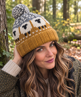 Mustard Orange & Grey Sheep Wool Hat with Pom Pom - Fleece Lined