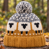 Mustard Orange & Grey Sheep Wool Hat with Pom Pom - Fleece Lined