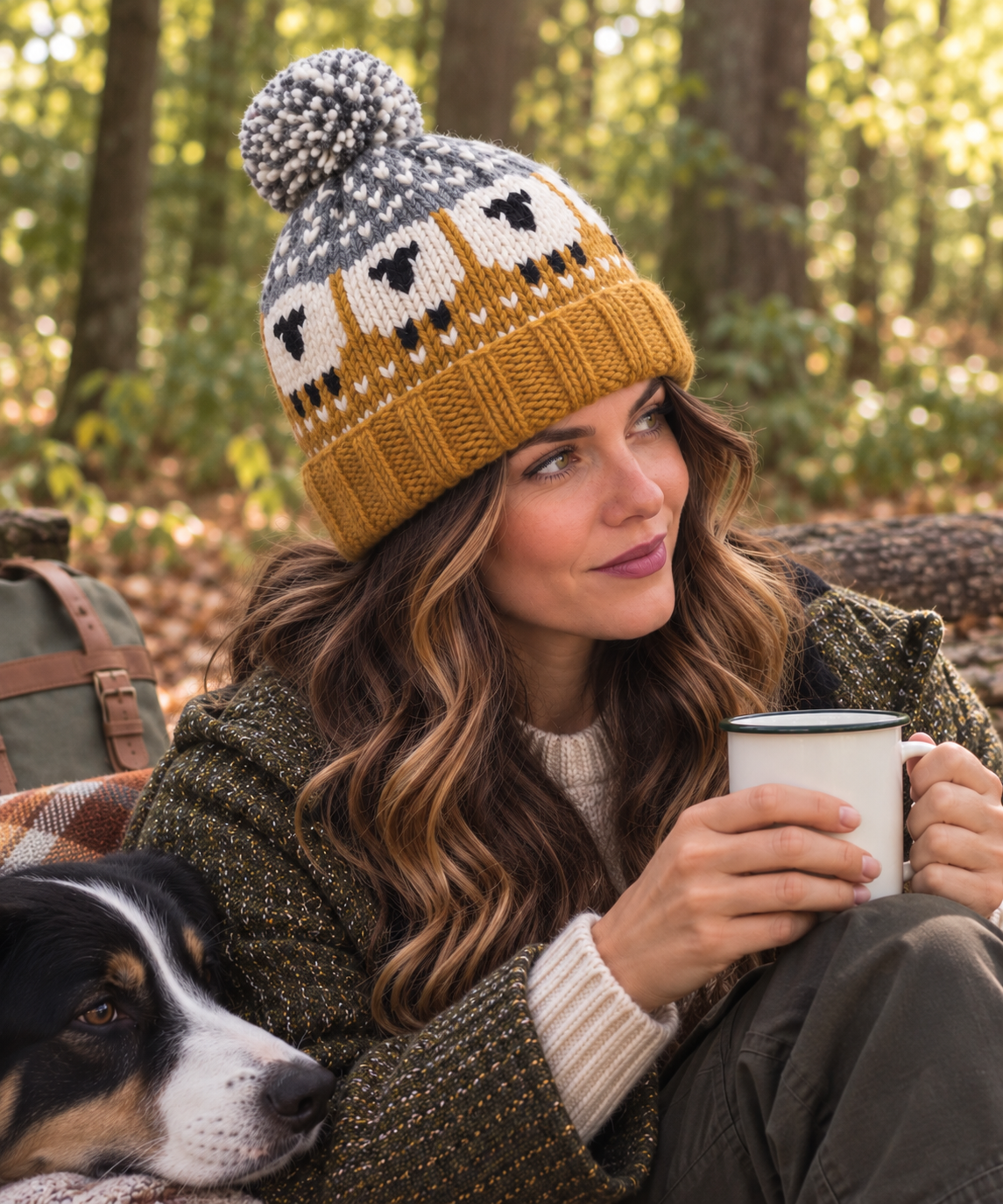 Mustard Orange & Grey Sheep Wool Hat with Pom Pom - Fleece Lined