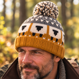 Mustard Orange & Grey Sheep Wool Hat with Pom Pom - Fleece Lined