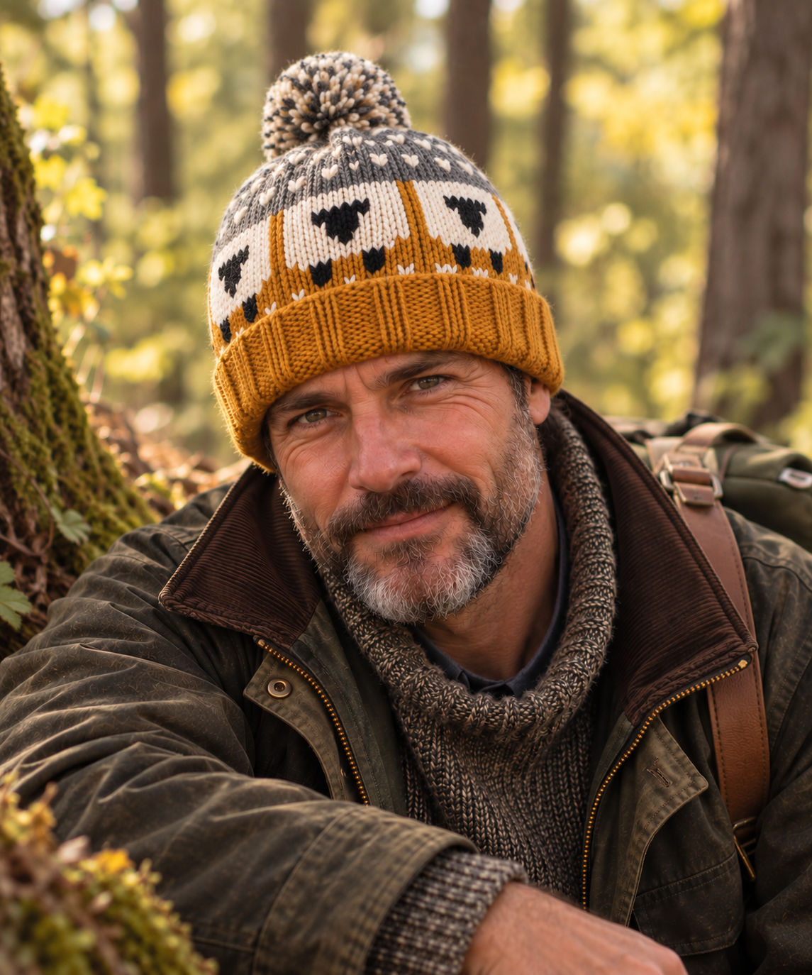 Mustard Orange & Grey Sheep Wool Hat with Pom Pom - Fleece Lined