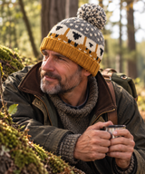 Mustard Orange & Grey Sheep Wool Hat with Pom Pom - Fleece Lined