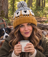 Mustard Orange & Grey Sheep Wool Hat with Pom Pom - Fleece Lined