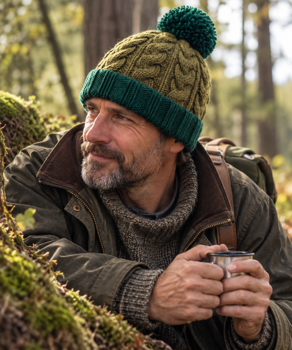 Green Chunky Cable Knit Wool Hat with Pom Pom - Fleece Lined