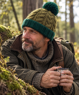 Green Chunky Cable Knit Wool Hat with Pom Pom - Fleece Lined