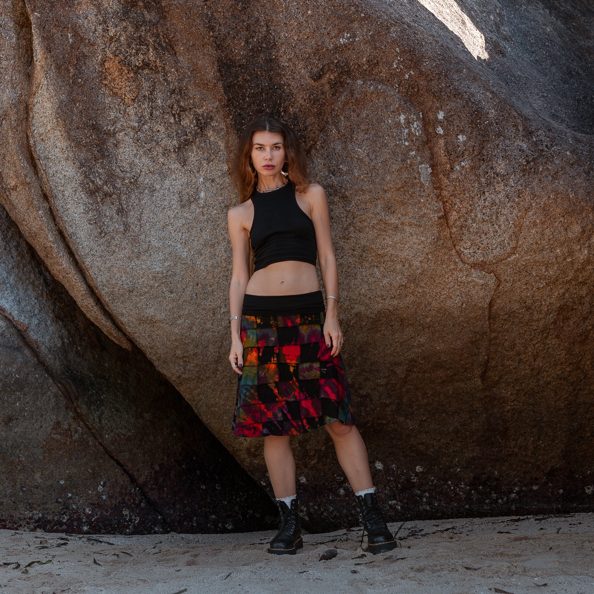 Handmade Patchwork Tie Dye Skirt – Colourful Knee Length Festival Skirt with Stretch Waist