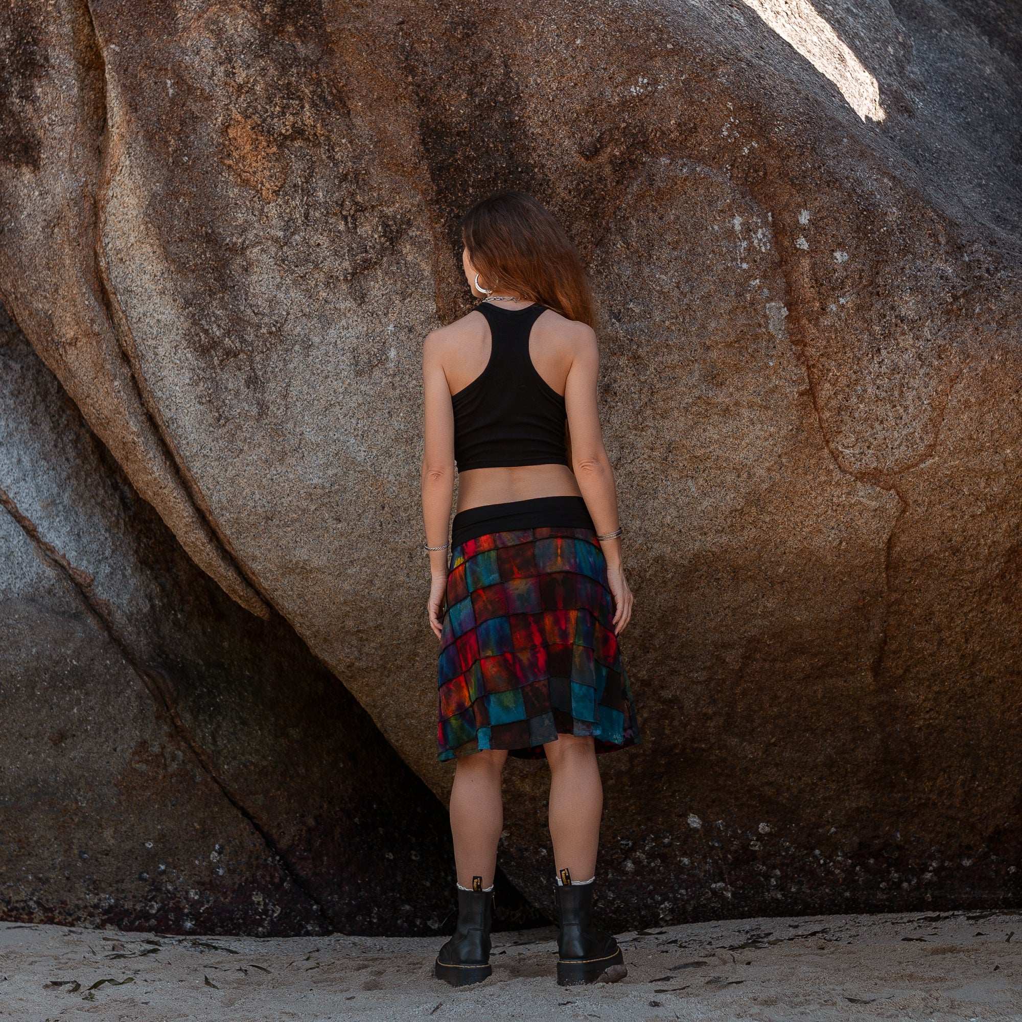 Handmade Patchwork Tie Dye Skirt – Colourful Knee Length Festival Skirt with Stretch Waist