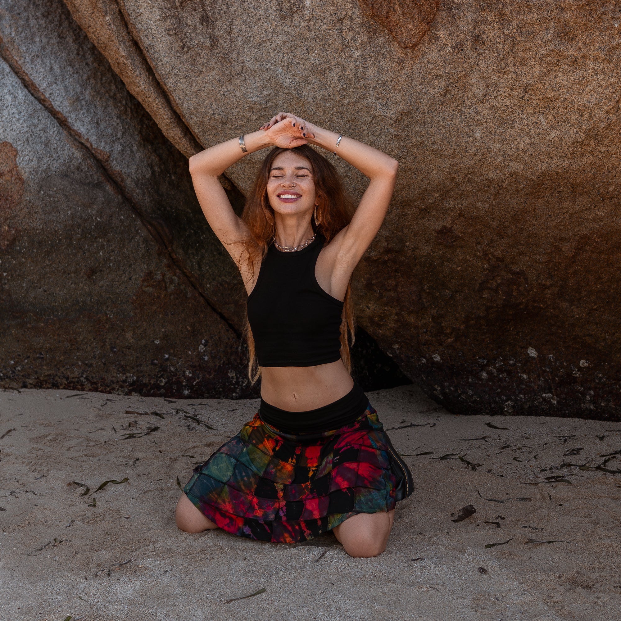 Handmade Patchwork Tie Dye Skirt – Colourful Knee Length Festival Skirt with Stretch Waist