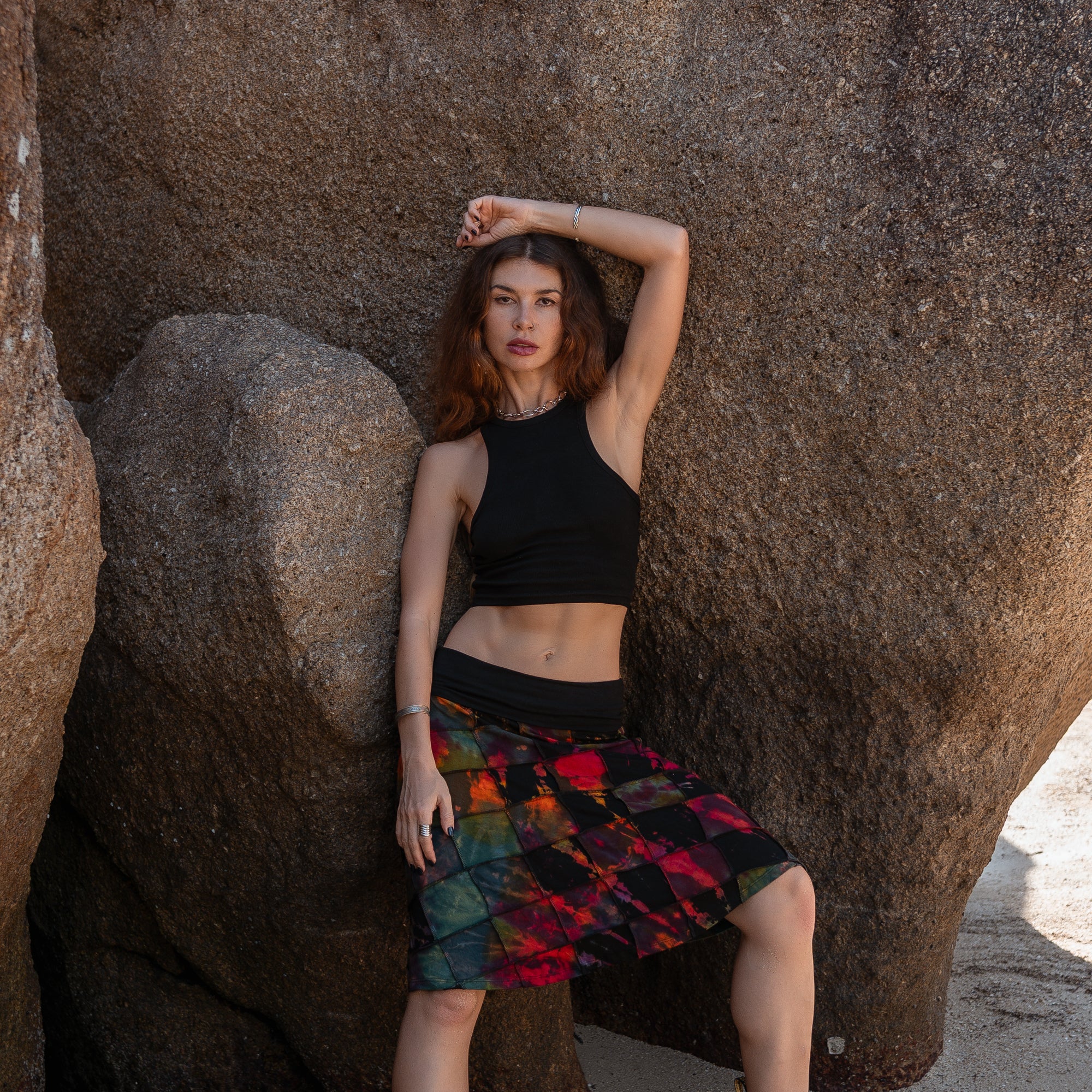 Handmade Patchwork Tie Dye Skirt – Colourful Knee Length Festival Skirt with Stretch Waist