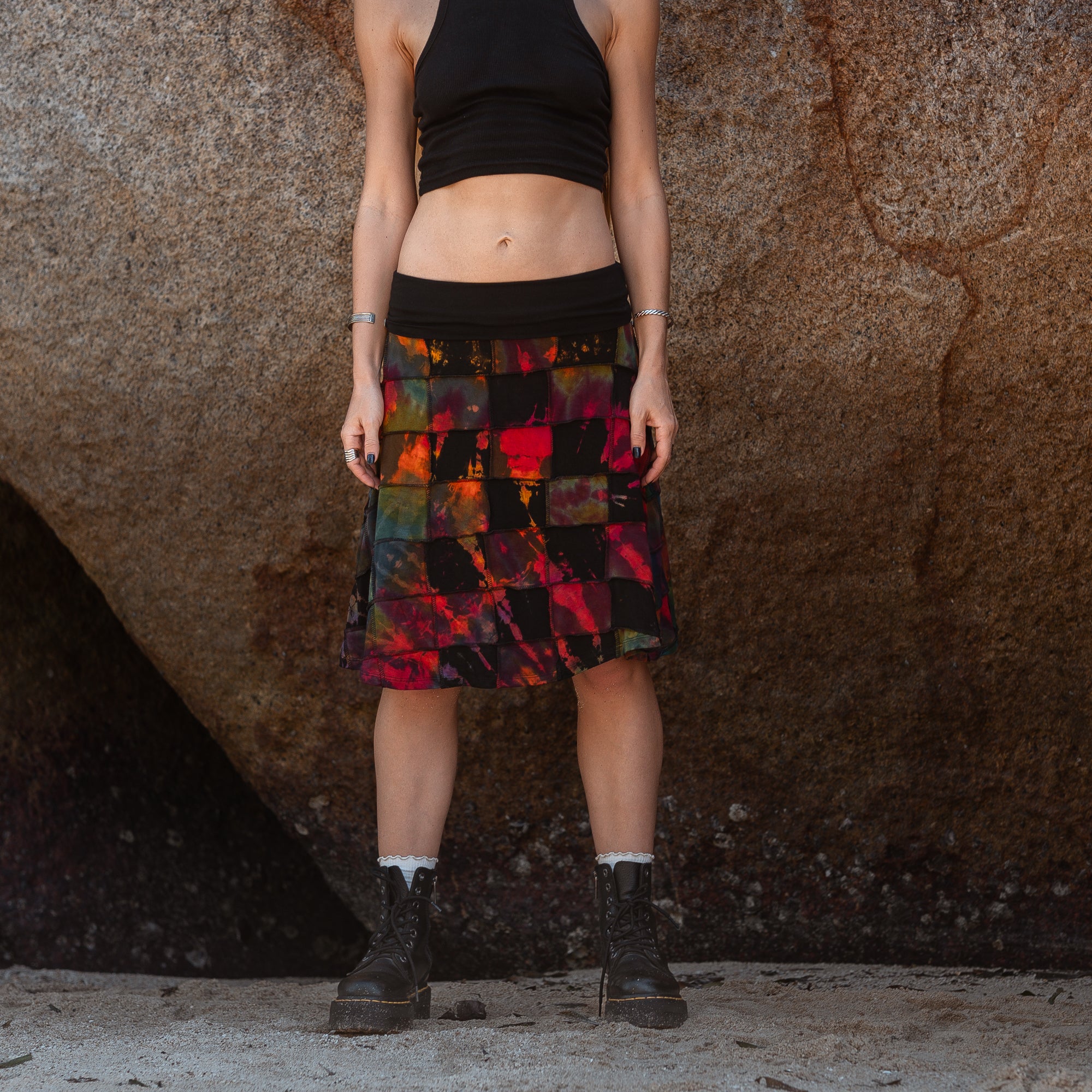 Handmade Patchwork Tie Dye Skirt – Colourful Knee Length Festival Skirt with Stretch Waist