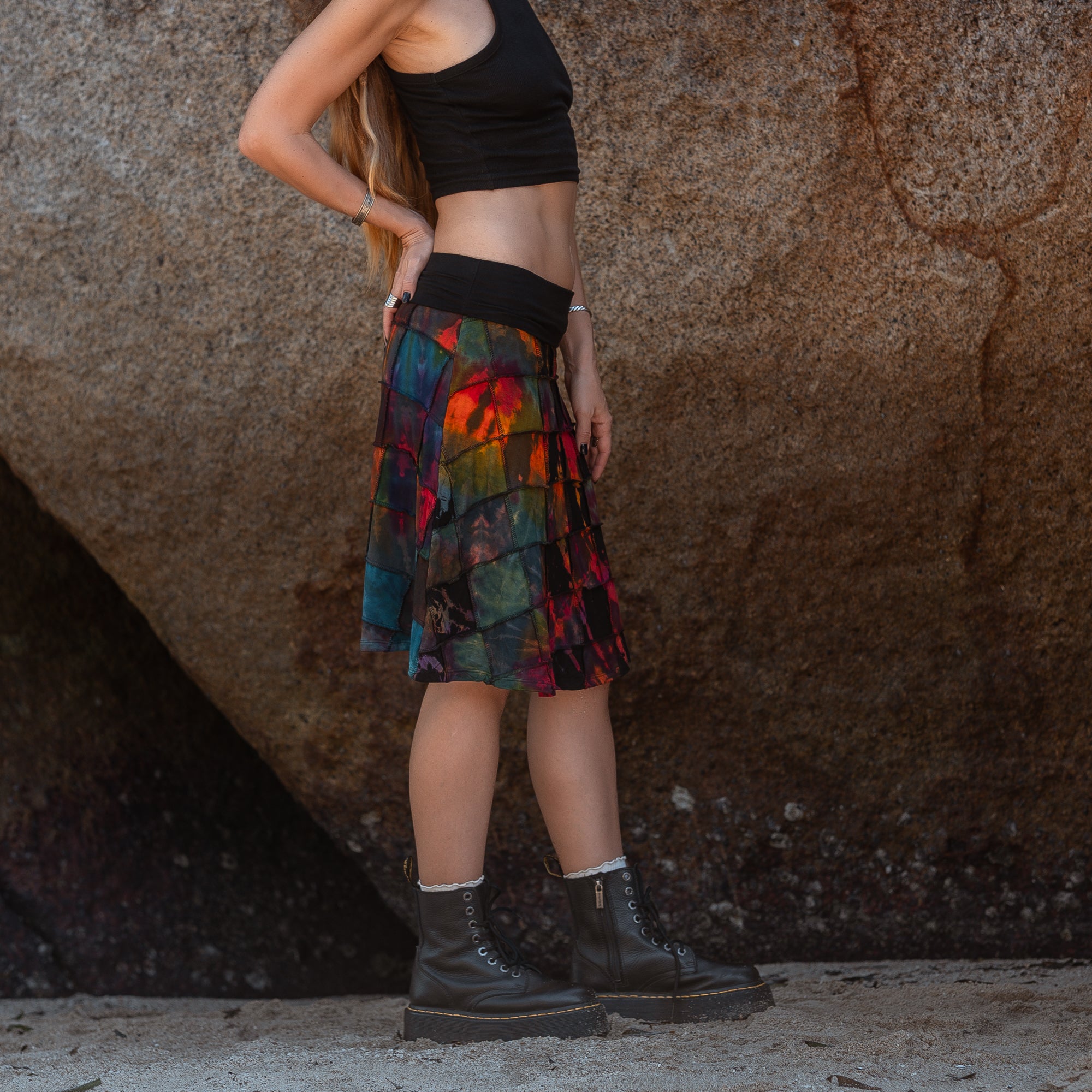 Handmade Patchwork Tie Dye Skirt – Colourful Knee Length Festival Skirt with Stretch Waist
