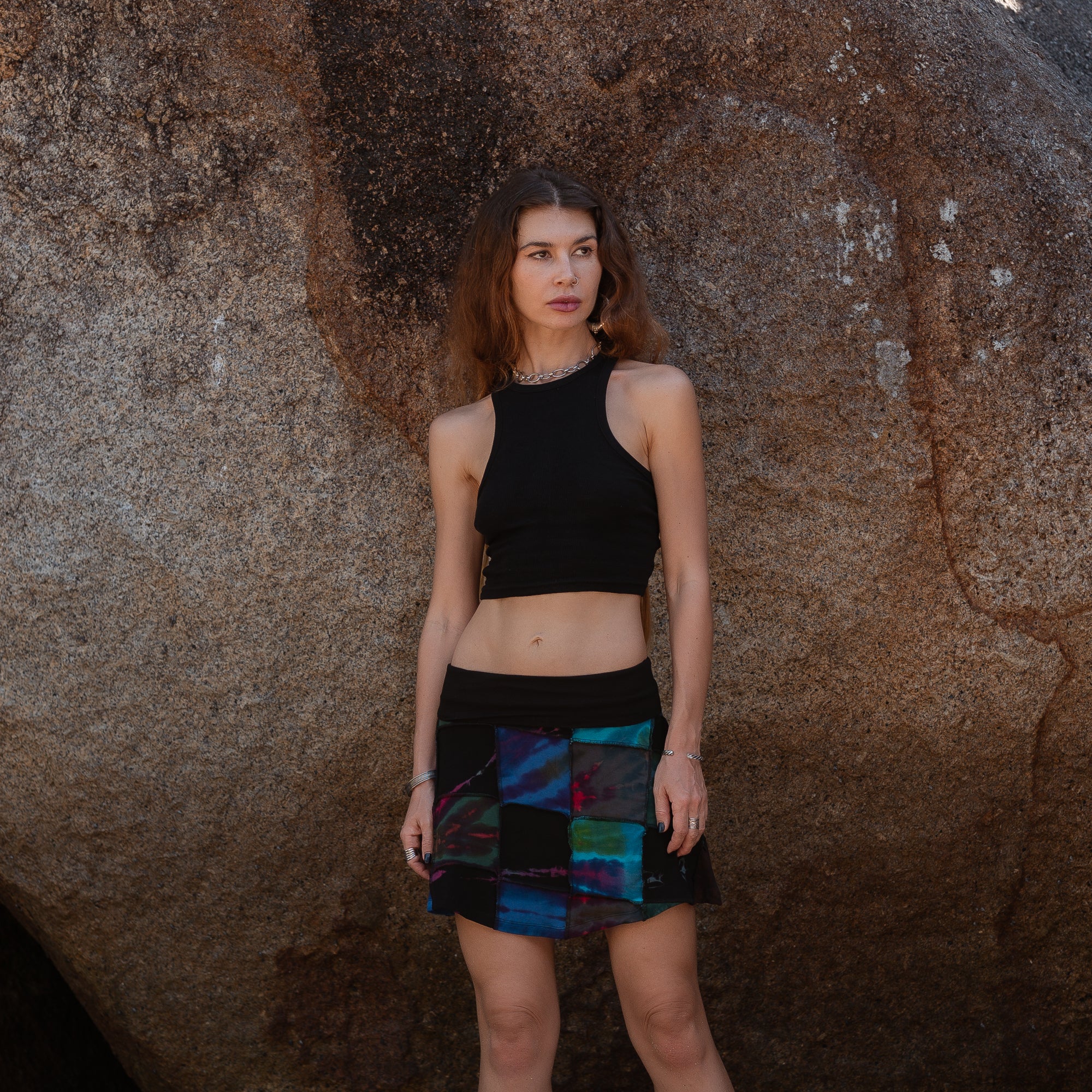 Patchwork Tie Dye Mini Skirt – Boho Festival Skirt with Stretch Waistband