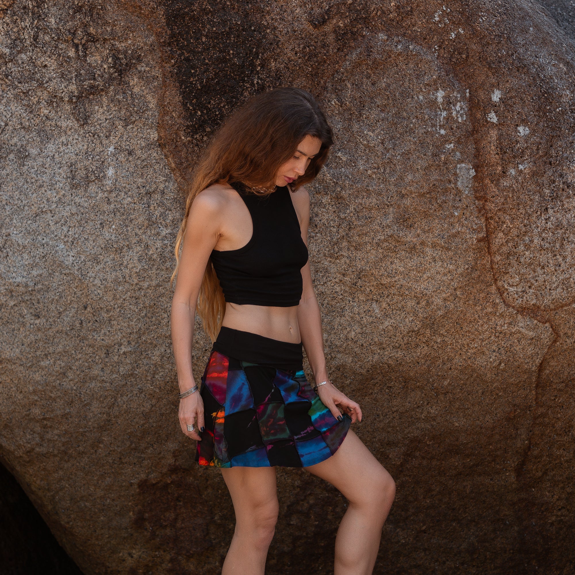 Patchwork Tie Dye Mini Skirt – Boho Festival Skirt with Stretch Waistband
