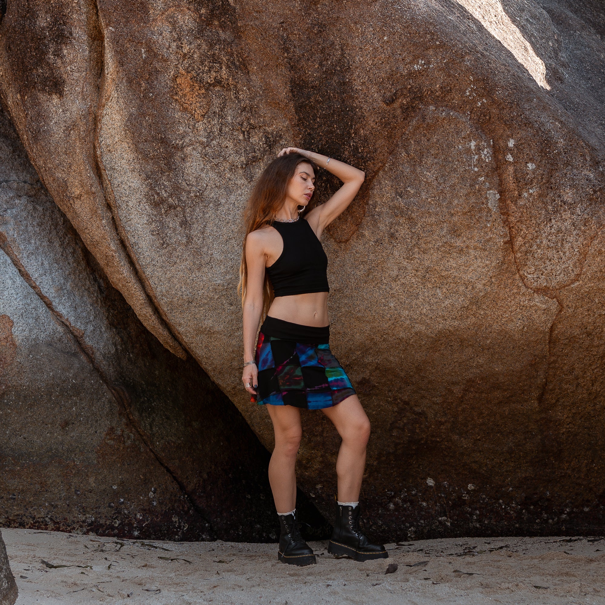 Patchwork Tie Dye Mini Skirt – Boho Festival Skirt with Stretch Waistband