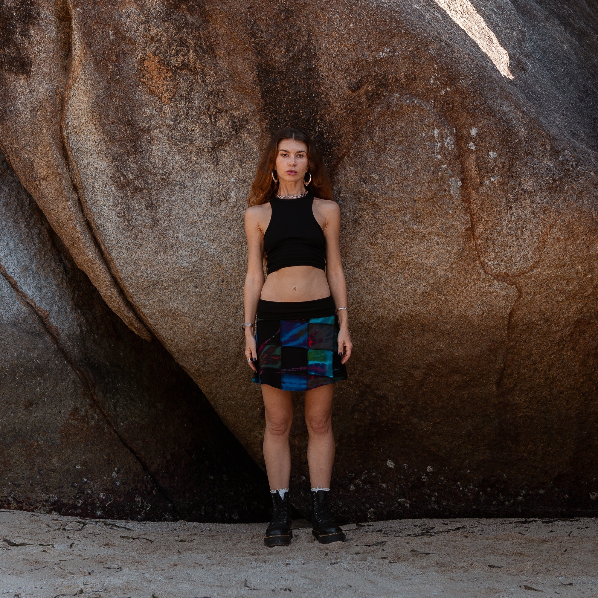 Patchwork Tie Dye Mini Skirt – Boho Festival Skirt with Stretch Waistband