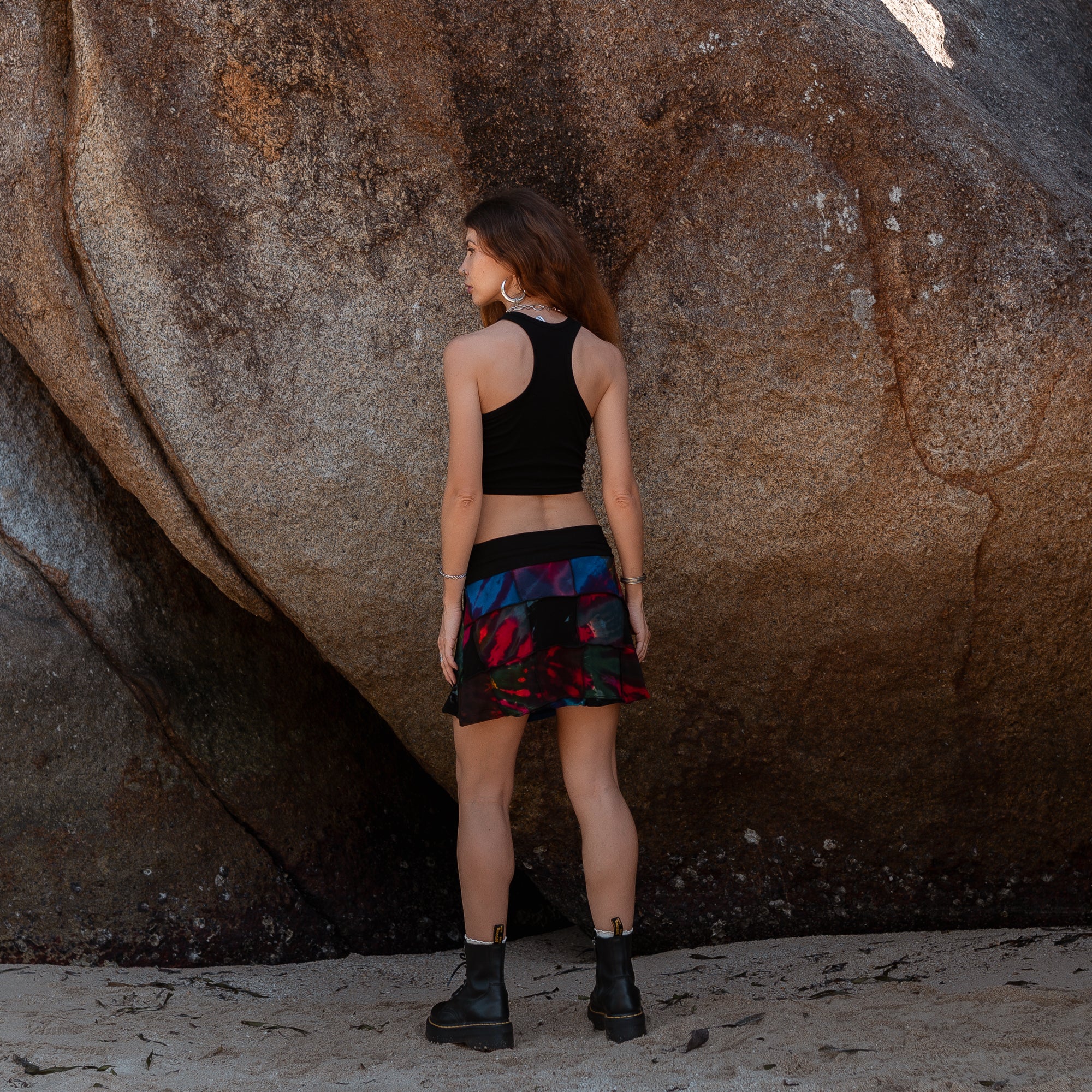 Patchwork Tie Dye Mini Skirt – Boho Festival Skirt with Stretch Waistband