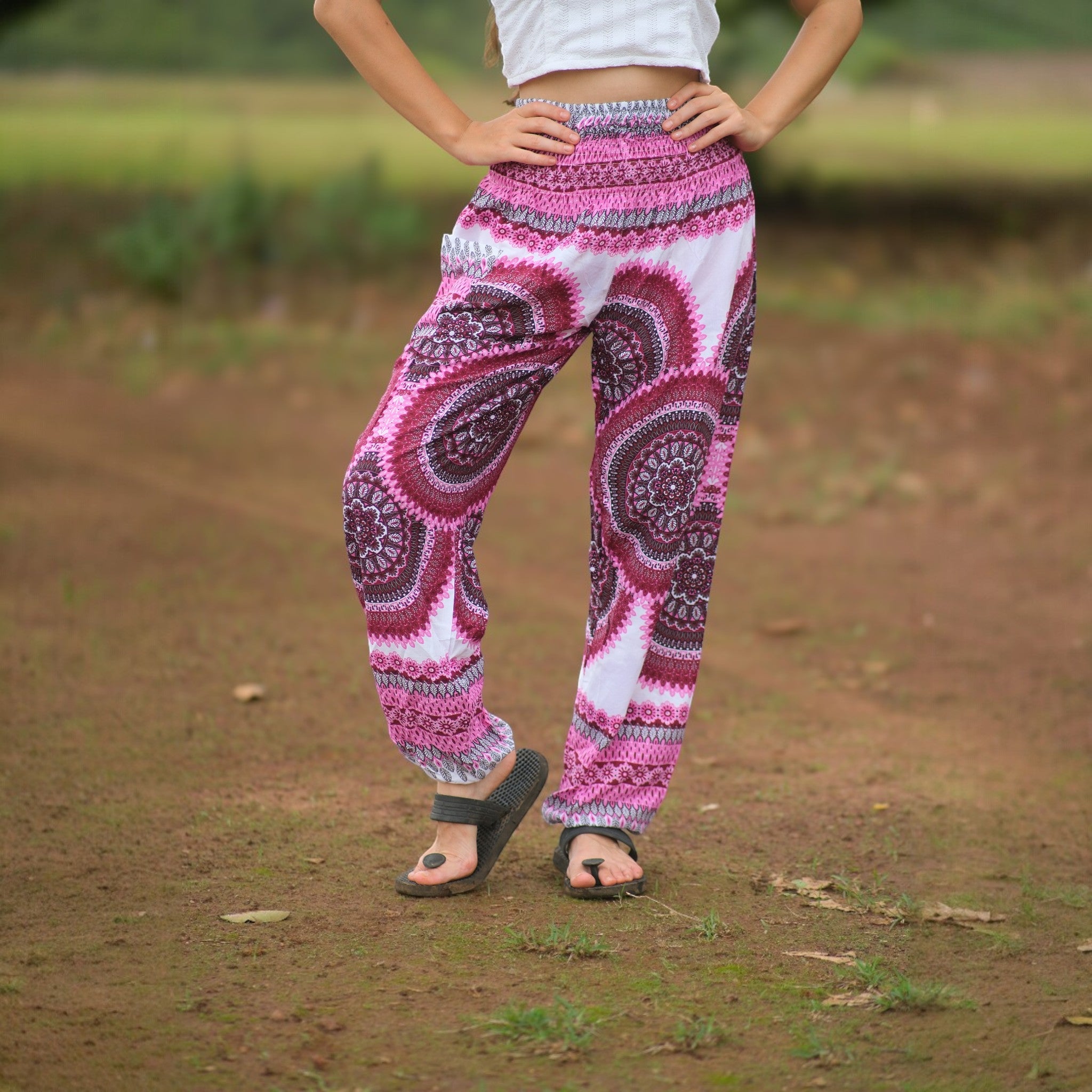 White Mandala High Cut Harem Pants - Pink
