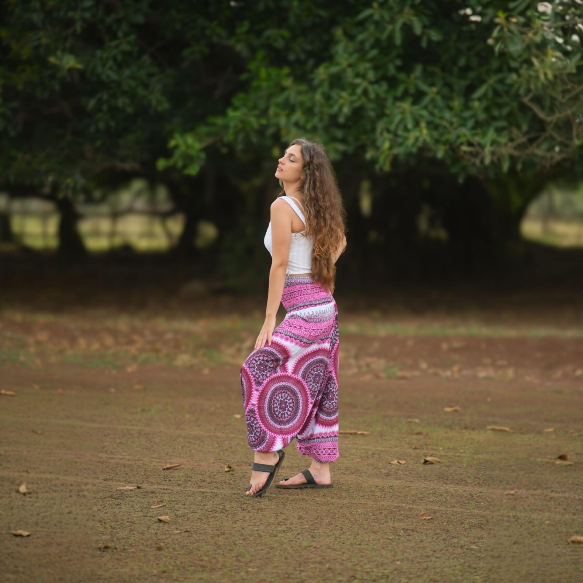 Pink & White Mandala Harem Pants – Lightweight Rayon Yoga Trousers | Boho Festival & Hippie Style