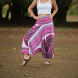 Pink and white mandala harem pants with relaxed low crotch design, lightweight boho yoga trousers for festivals, dance, and everyday hippie style