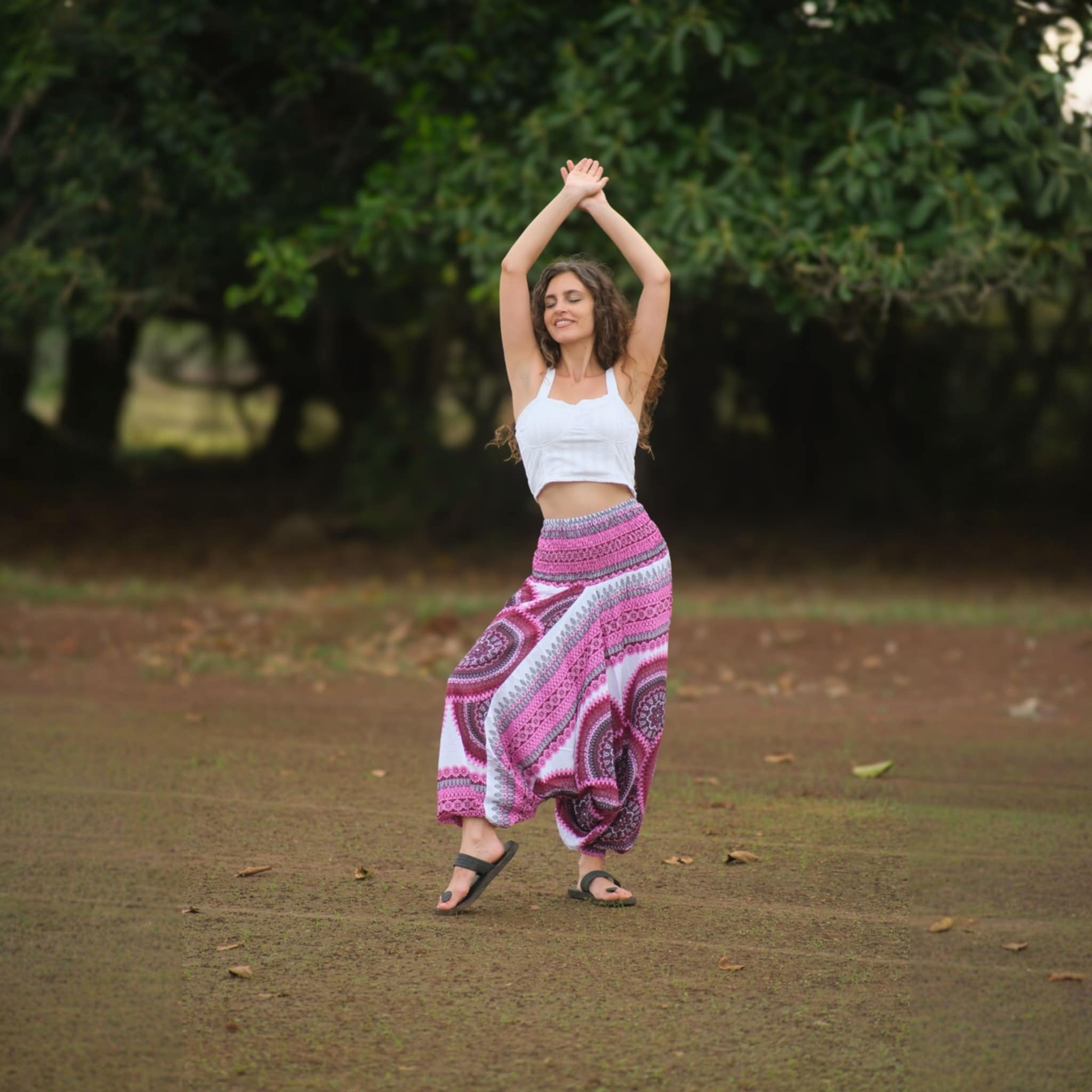Pink & White Mandala Harem Pants – Lightweight Rayon Yoga Trousers | Boho Festival & Hippie Style