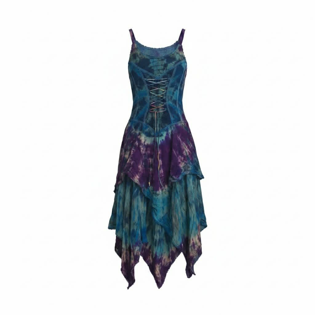 Tie Dye Fairy Pixie Hem Dress – Boho Festival Corset Dress