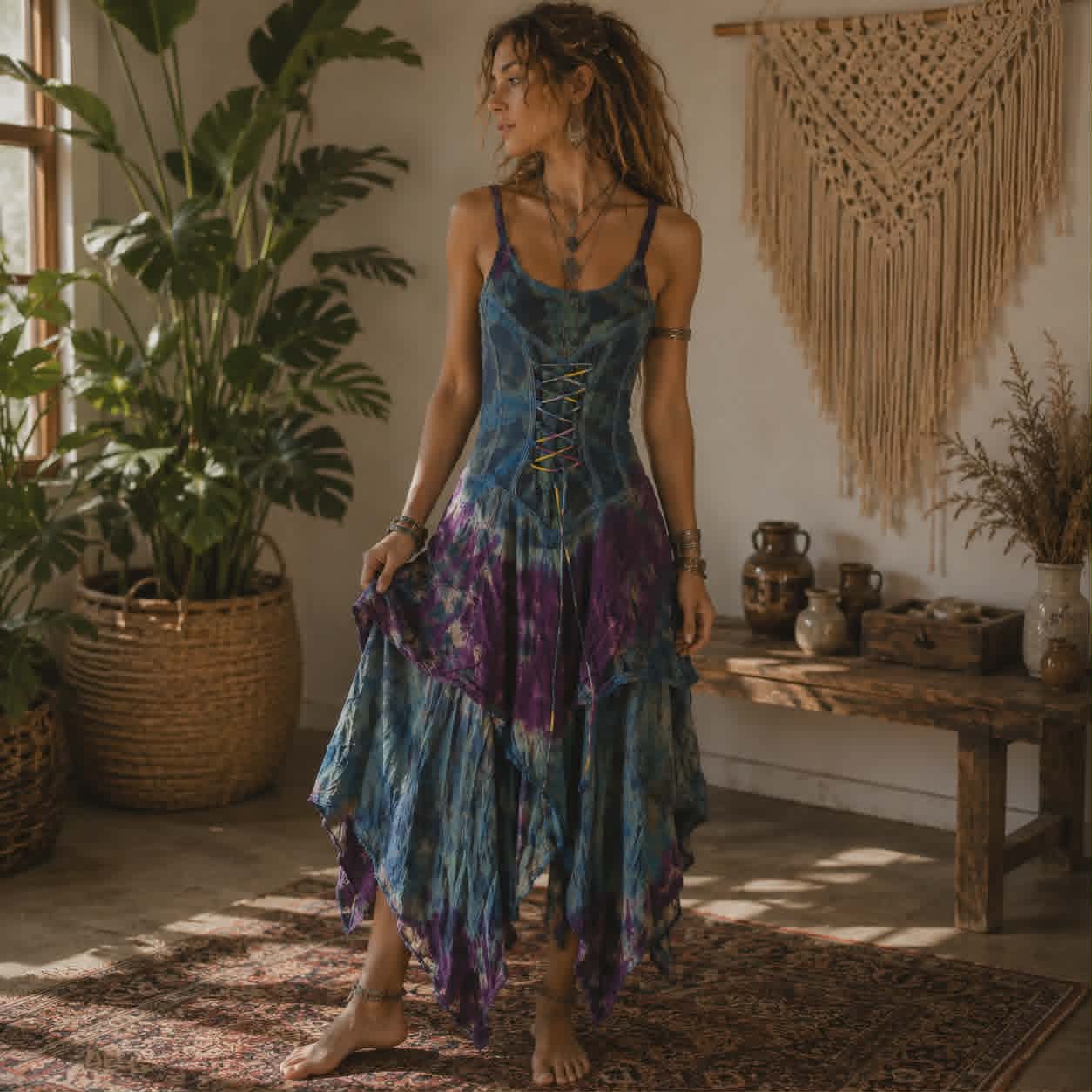 Tie Dye Fairy Pixie Hem Dress – Boho Festival Corset Dress