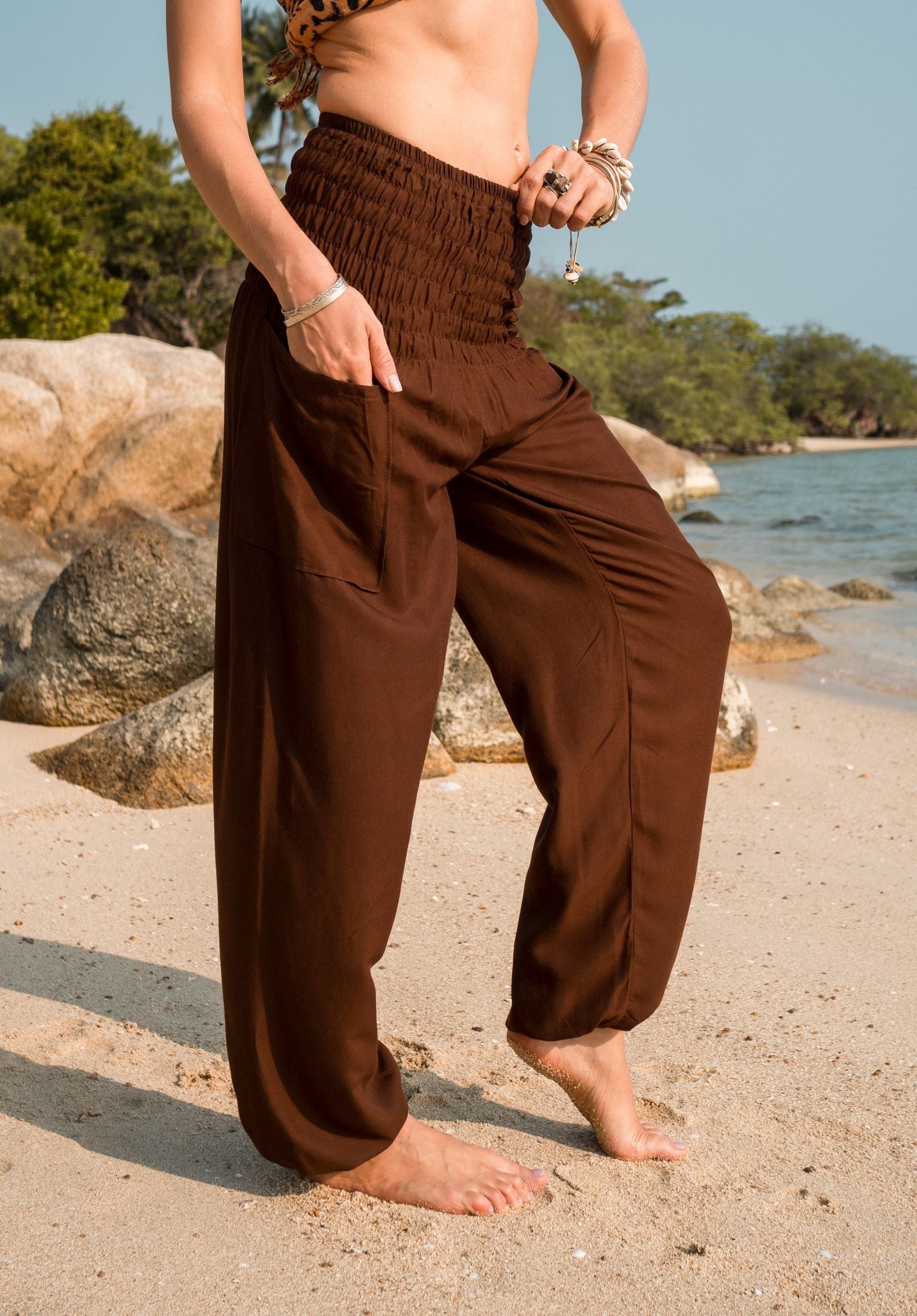 High Crotch Harem Pants - Plain - Brown