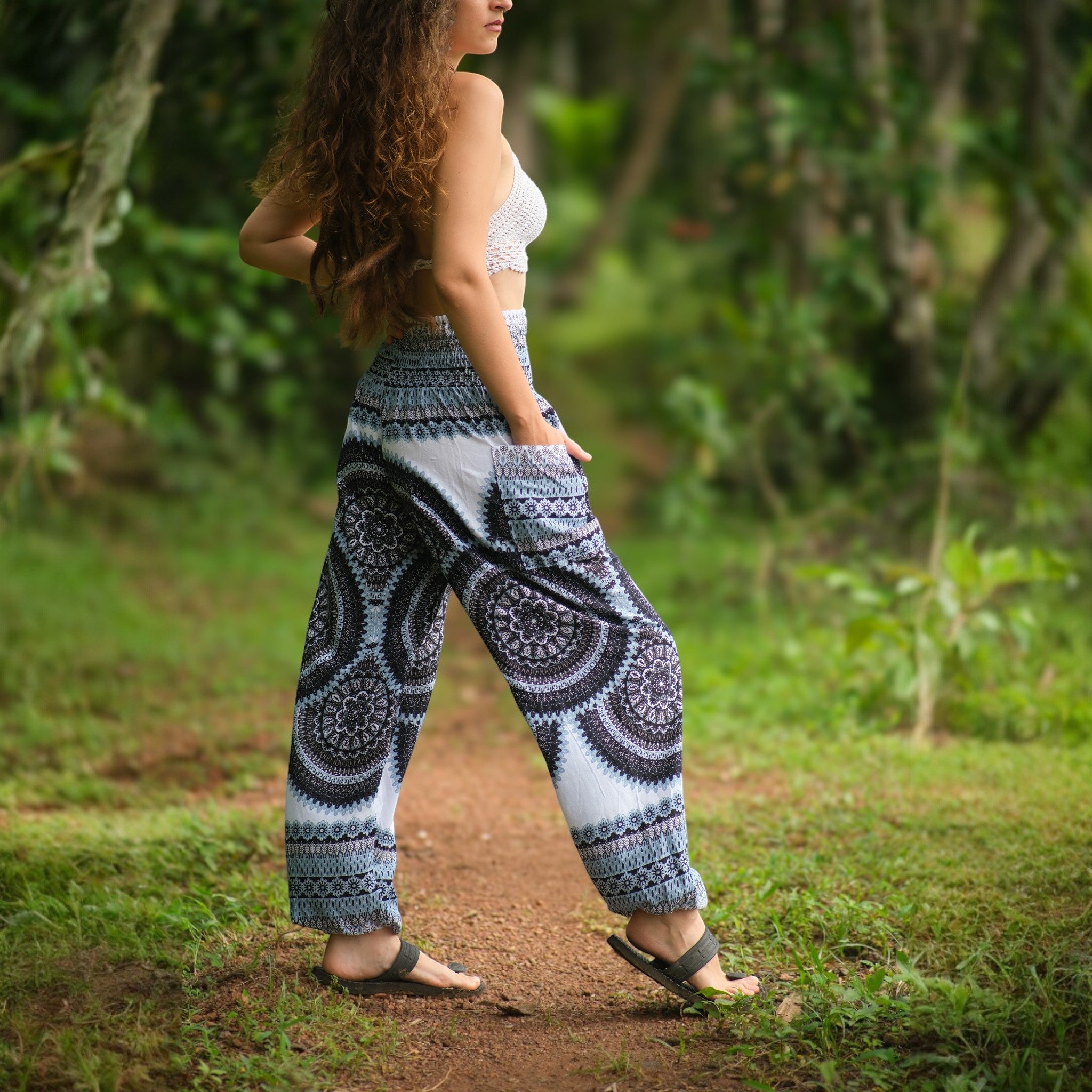 White Mandala High Cut Harem Pants - Black
