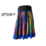 psy fashion inspired midi skirt with neon green, pink and orange tie-dye panels and cobalt blue hem