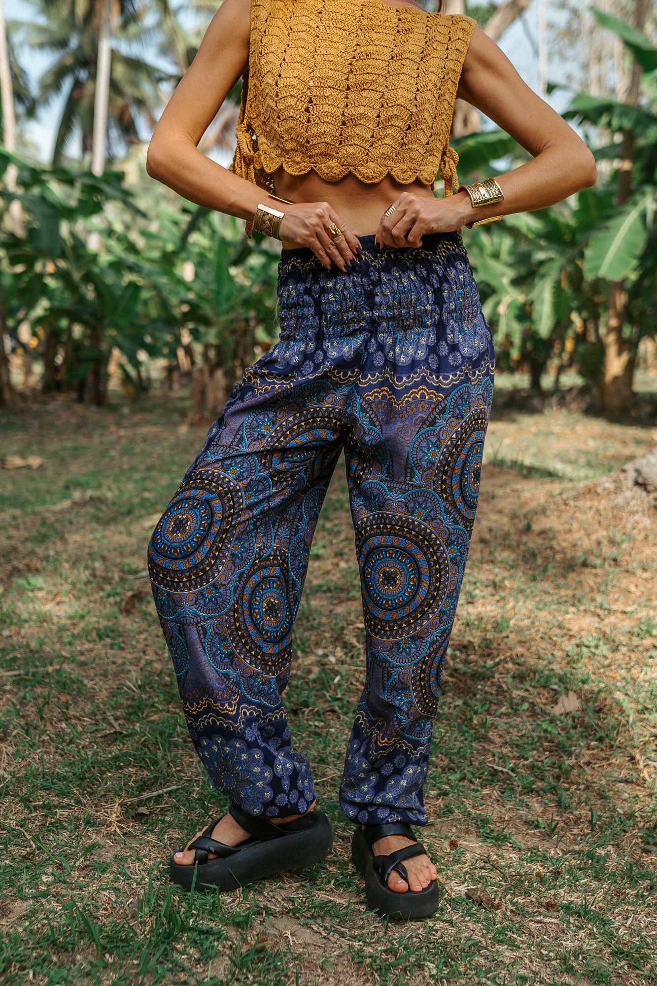 High Crotch Harem Pants - Geometric Mandala - Purple Blue
